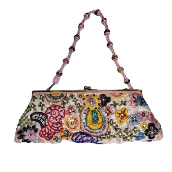 Aldo Beaded Satin Clutch with Beaded Strap Handle and Shoulder Chain - Picture 1 of 7